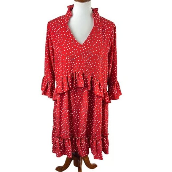 Red Polka Dot Ruffle Dress Boho Chic Midi Dress Yacht Wife Brunch Summer - Picture 1 of 4